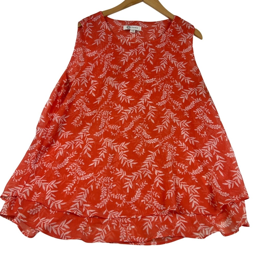 Cristina B Womens Coral Red White Leaf Print Sleeveless Layered Blouse Large